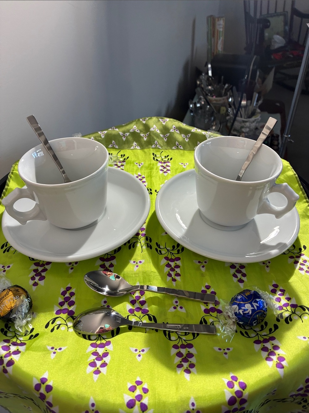 APILCO Sevres White Fine Porcelain Coffee Cup & Saucer Set/2 with 4 Demi Spoons